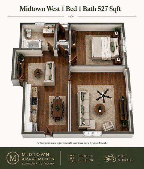 Floor plan for 1 bed, 1 bath, 492 sqft